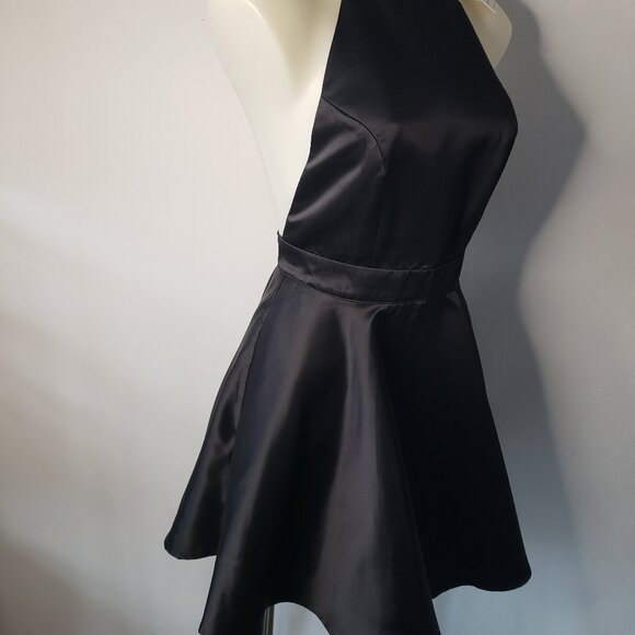 Shiny Black Satin Commense Flare Skirt Dress w Apron Front + Neck Ribbon - Picture 6 of 16